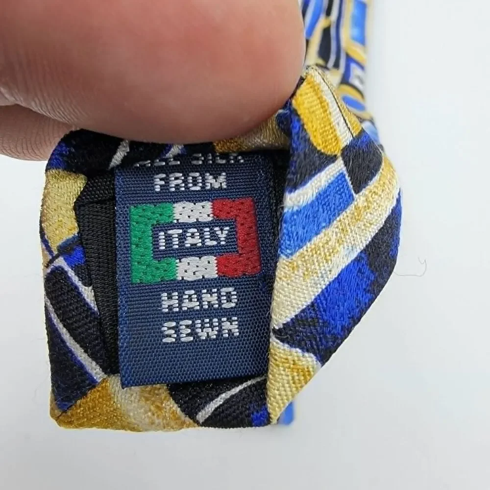 Mulberry Men’s Geometric Necktie Blue Gold 100% Italian Silk 57 x 4